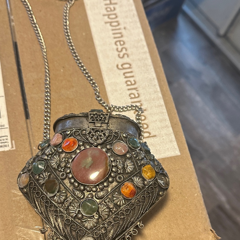 Vintage Silver and Multicolor Gemstone Shoulder Bag